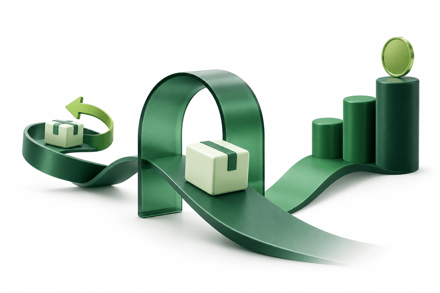 A parcel on a green road between a return loop and profit columns.
