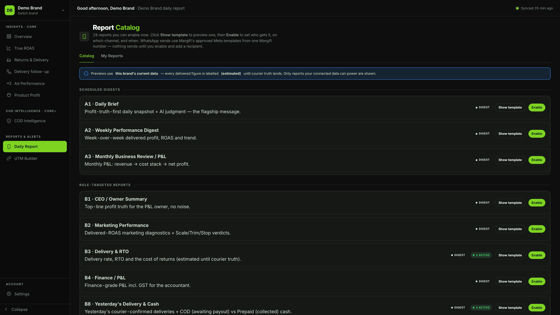 Daily Report & Alerts screen