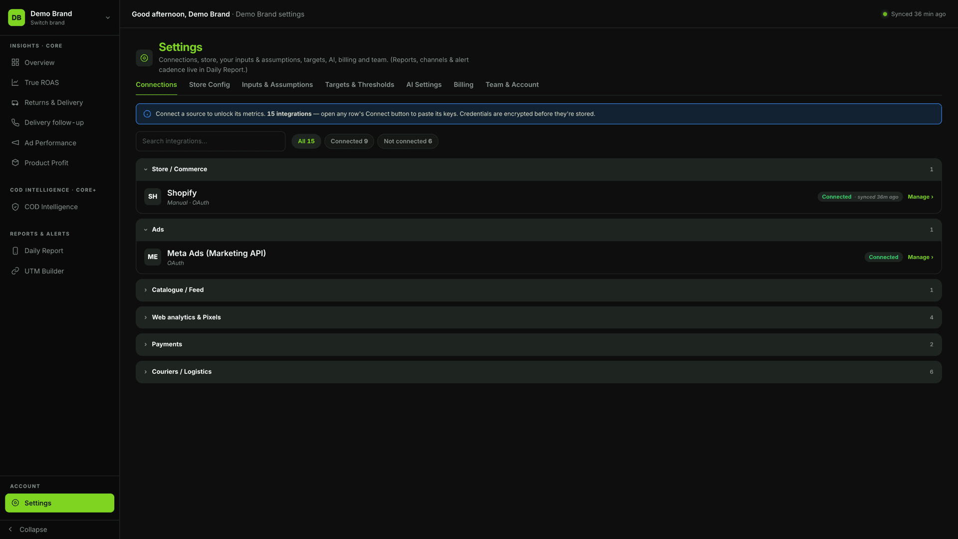 Settings — connections and inputs